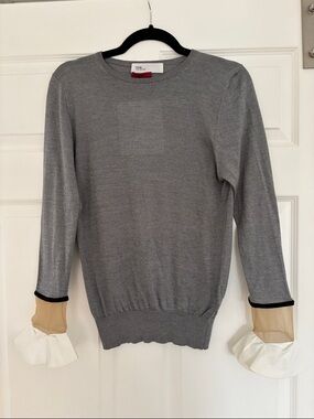 TOGA Grey Knit Sweater with Sheer Contrast Cuffs